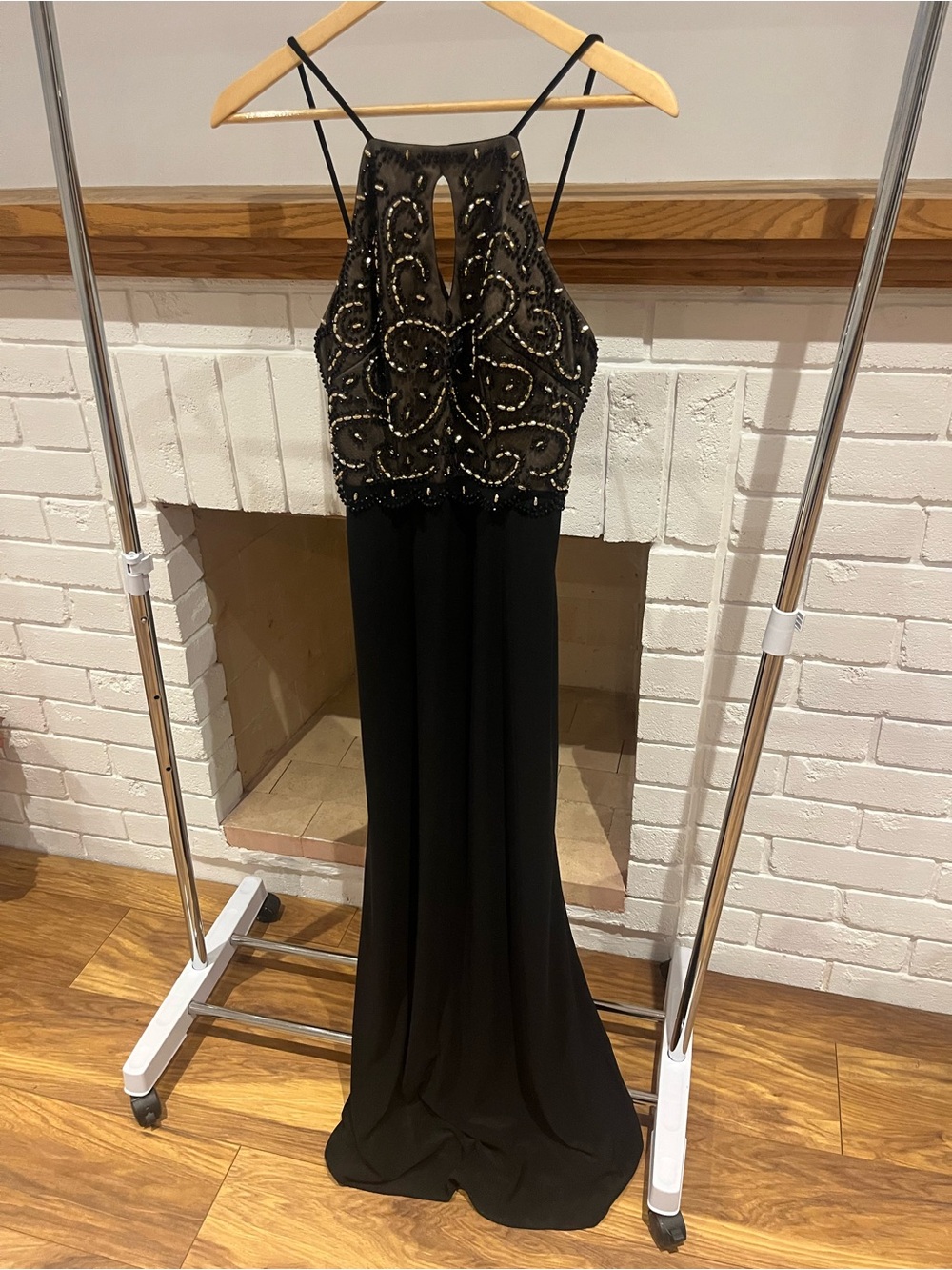 le chateau Black Beaded Halter Prom Dress